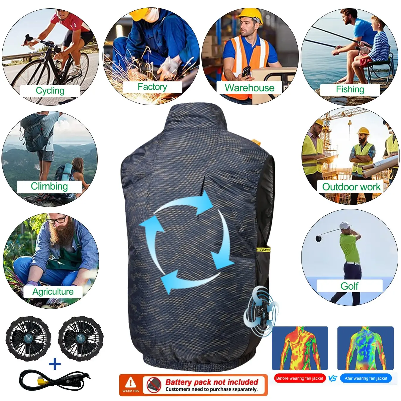 Cooling Fan Air Condition Clothing, Lightweight Sun Protection Windbreaker Vest, Outdoor Sports Fishing Work Jacket for Men Wome