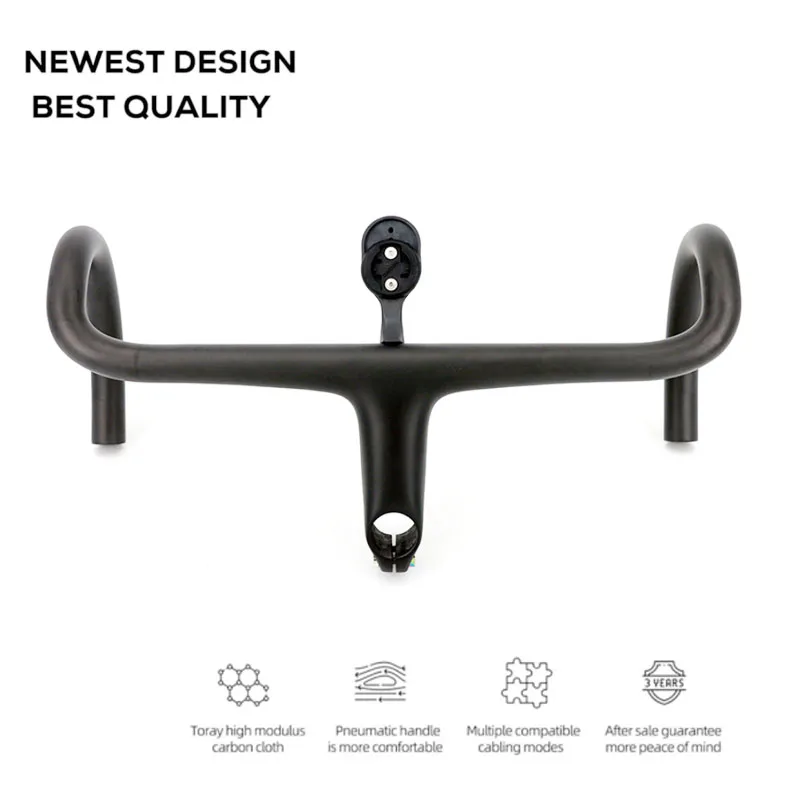Newest Road Bike Matt UD Full Carbon Fiber Handlebar And Stem Integrated Round Tube 380-440*80-120mm with Stents 265g