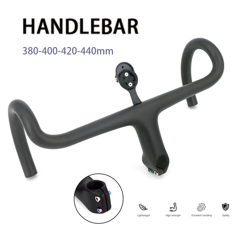 Newest Road Bike Matt UD Full Carbon Fiber Handlebar And Stem Integrated Round Tube 380-440*80-120mm with Stents 265g