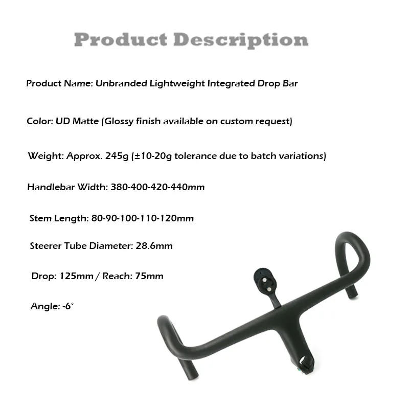 Newest Road Bike Matt UD Full Carbon Fiber Handlebar And Stem Integrated Round Tube 380-440*80-120mm with Stents 265g