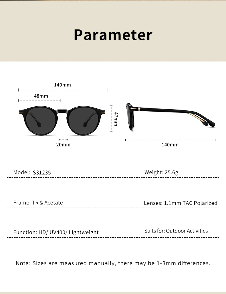 Unisex Polarized Sunglasses TR90 Frame UV400 TAC Lens Retro Round Black Full Frame Fashion Driving Shades