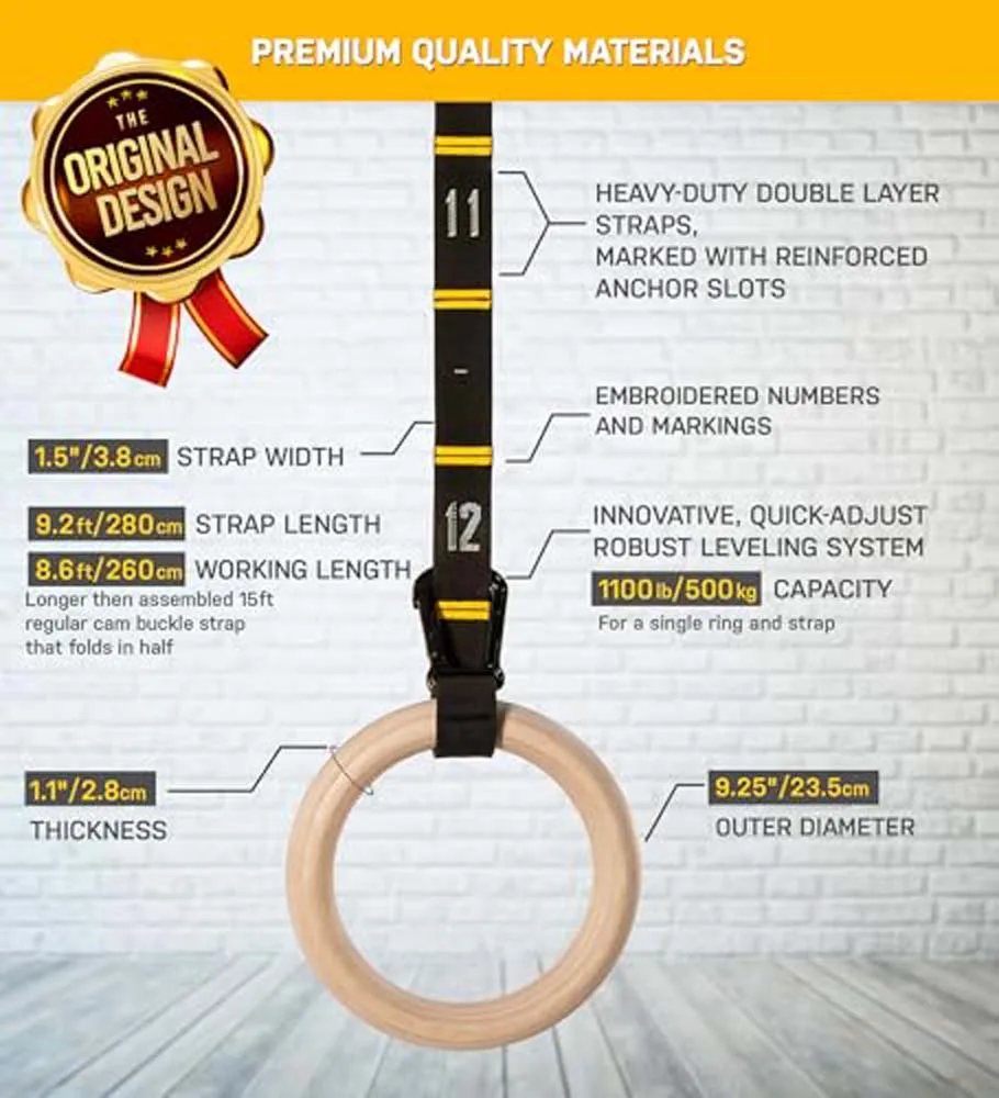 Wood Gymnastics Rings Adjustable Double-Layer Numbered Straps Locked Carabiners Body Exercise Workout Home Gym Rings