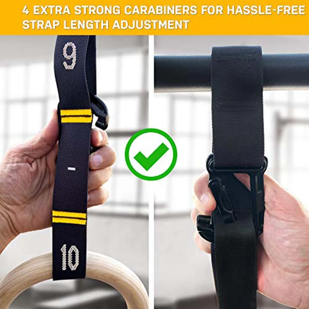 Wood Gymnastics Rings Adjustable Double-Layer Numbered Straps Locked Carabiners Body Exercise Workout Home Gym Rings
