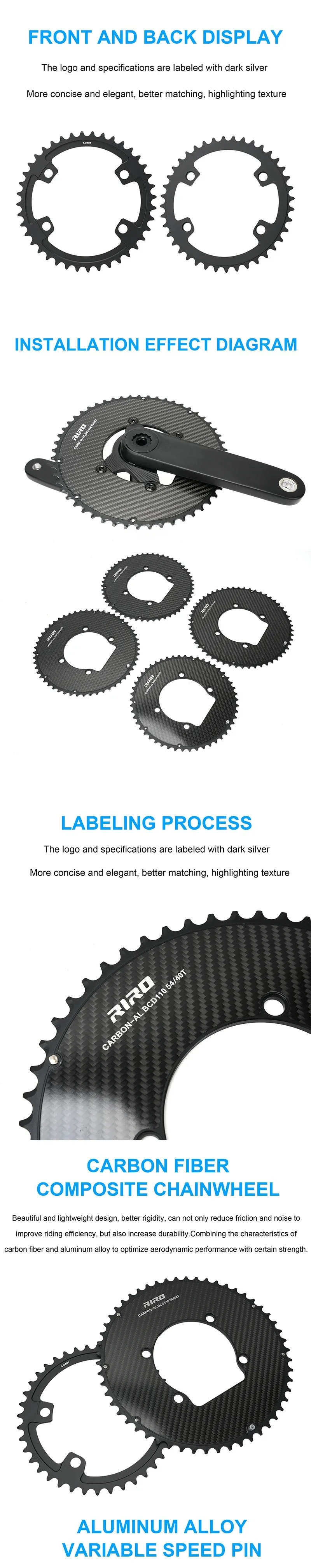 RIRO Carbon Chainring 110BCD Road Bike Chainring 50/34 52/36 53/39 54/40T 11/12S for Shimano R7000 R8000 R9100 R7100 R8100 R9200