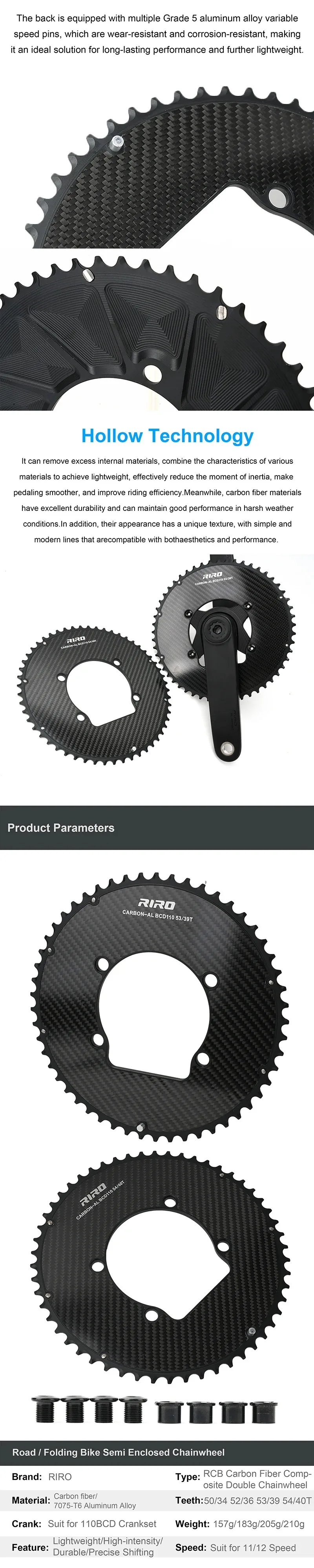 RIRO Carbon Chainring 110BCD Road Bike Chainring 50/34 52/36 53/39 54/40T 11/12S for Shimano R7000 R8000 R9100 R7100 R8100 R9200