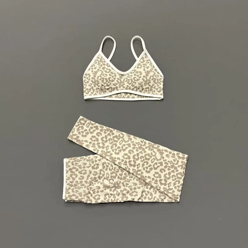 Women 2Pcs Leopard Print Workout Set Contrast Trim Thin Strap Bra & High Waist Tummy Control Leggings Breathable Yoga Outfit