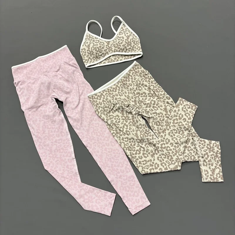 Women 2Pcs Leopard Print Workout Set Contrast Trim Thin Strap Bra & High Waist Tummy Control Leggings Breathable Yoga Outfit