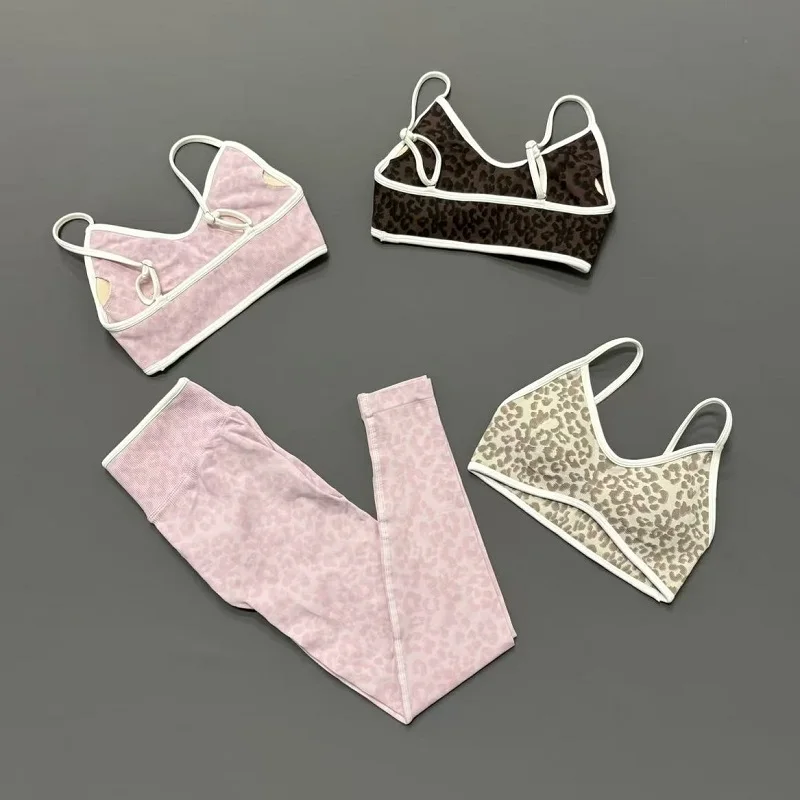 Women 2Pcs Leopard Print Workout Set Contrast Trim Thin Strap Bra & High Waist Tummy Control Leggings Breathable Yoga Outfit