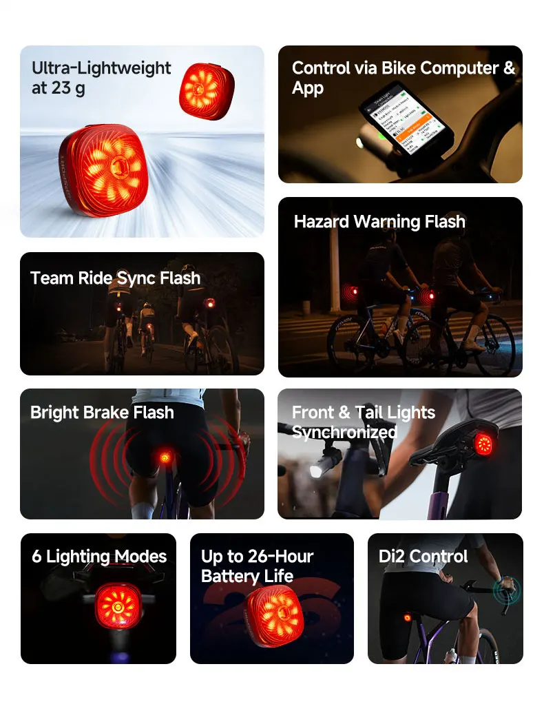 iGPSPORT TL50 Bike Tail Light Rear Bike Light Di2 Control 6 Light Mode Automatic Brake Sensing USB Rechargeable