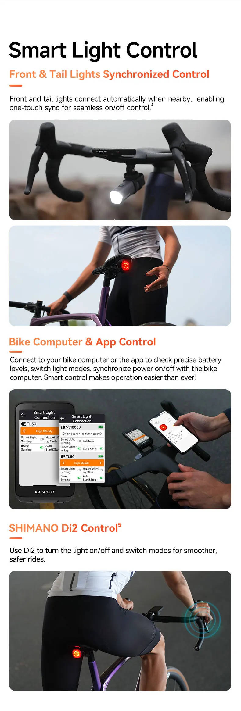 iGPSPORT TL50 Bike Tail Light Rear Bike Light Di2 Control 6 Light Mode Automatic Brake Sensing USB Rechargeable