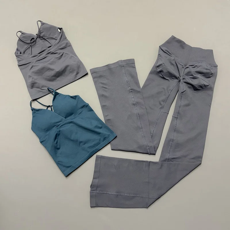 2 Piece HISTELLO Vision Fitness Set Women Padded V Neck Workout Cami Top Seamless Yoga Flare Leg Pants Gym Activewear Outfit
