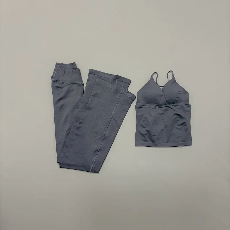 2 Piece HISTELLO Vision Fitness Set Women Padded V Neck Workout Cami Top Seamless Yoga Flare Leg Pants Gym Activewear Outfit