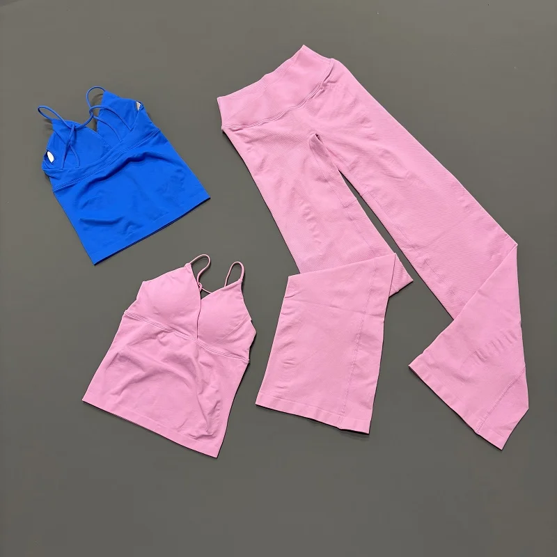 2 Piece HISTELLO Vision Fitness Set Women Padded V Neck Workout Cami Top Seamless Yoga Flare Leg Pants Gym Activewear Outfit