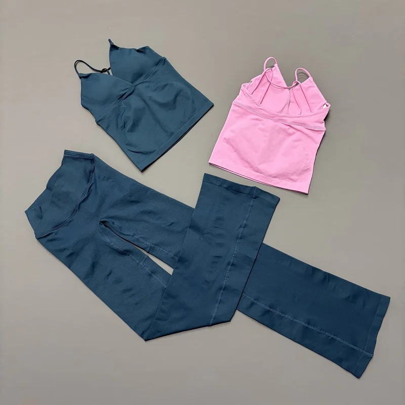 2 Piece HISTELLO Vision Fitness Set Women Padded V Neck Workout Cami Top Seamless Yoga Flare Leg Pants Gym Activewear Outfit