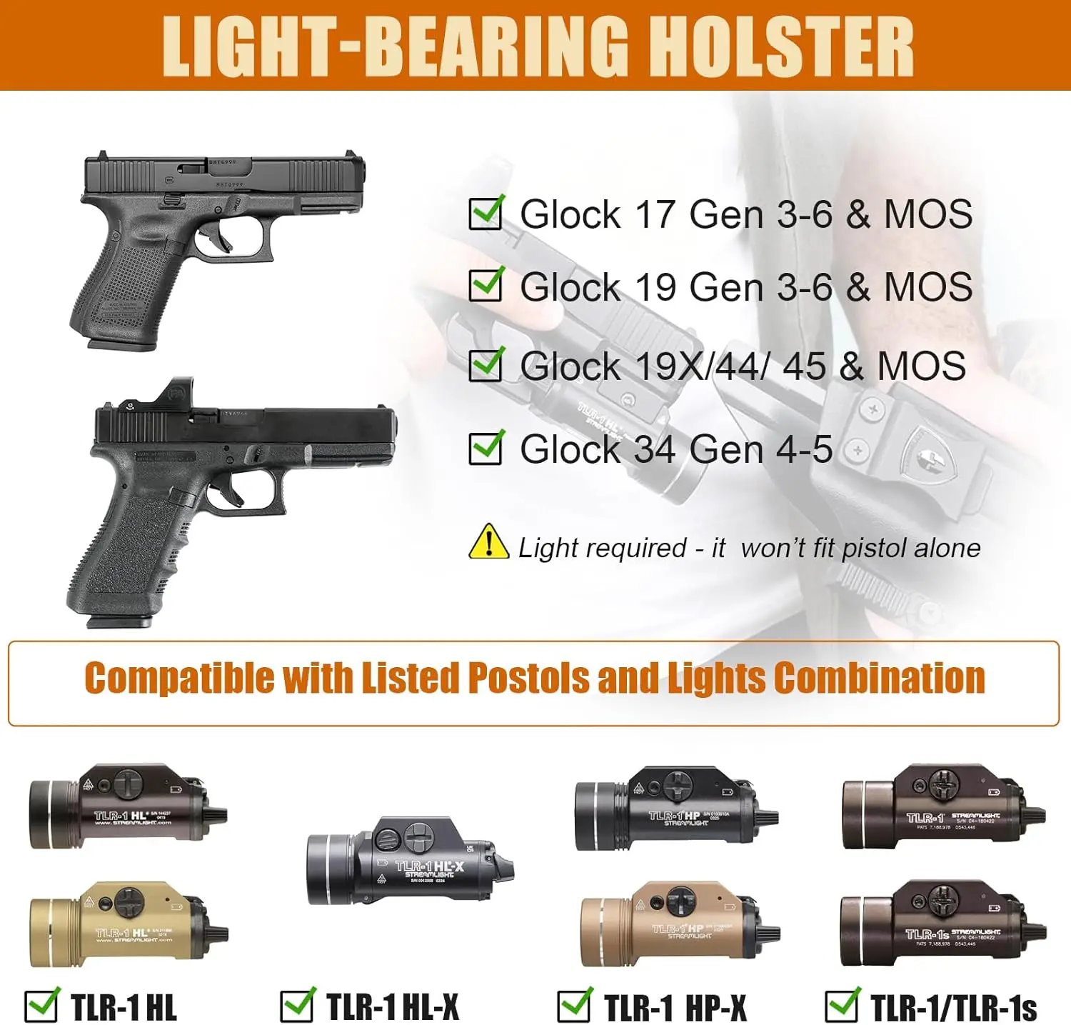 Only IWB Kydex Holster,For G17/19 Gen3-6 &G19X / 44/45 &G34 Gen4-5,TLR-1 HL/TLR-1 HL-X/TLR-1 HP-X/TLR-1/TLR-1s Light,Right Hand