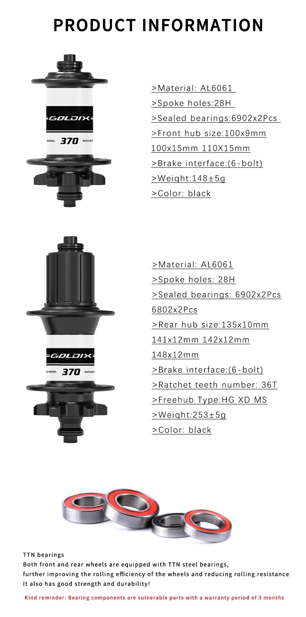 GOLDIX M370 28H Bicycle Ratchet 36T Boost Hub J-Bend 6-Bolt Disc Brake Compatible with HG XD MS Adapters - Bicycle Accessories