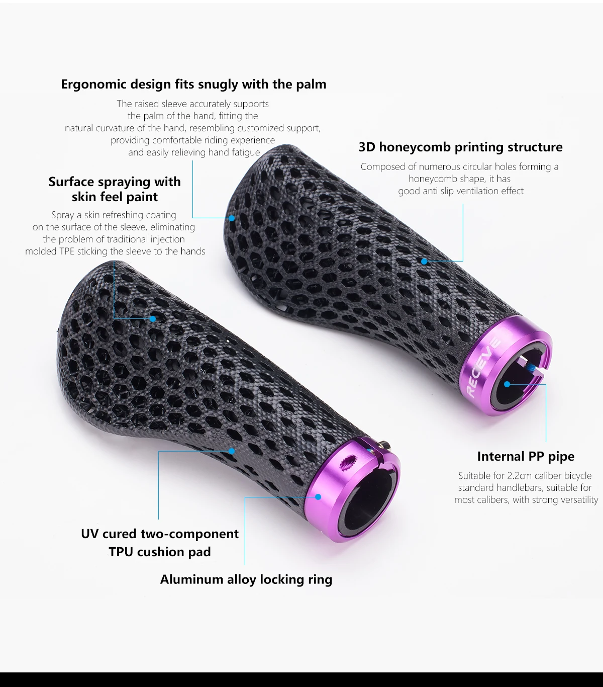 RECEVE Folding Bike Grips 3D Printing Bicycle Handles Grips BMX Cuffs Ergonomics With Aluminum Alloy Handlebar Cap For Brompton