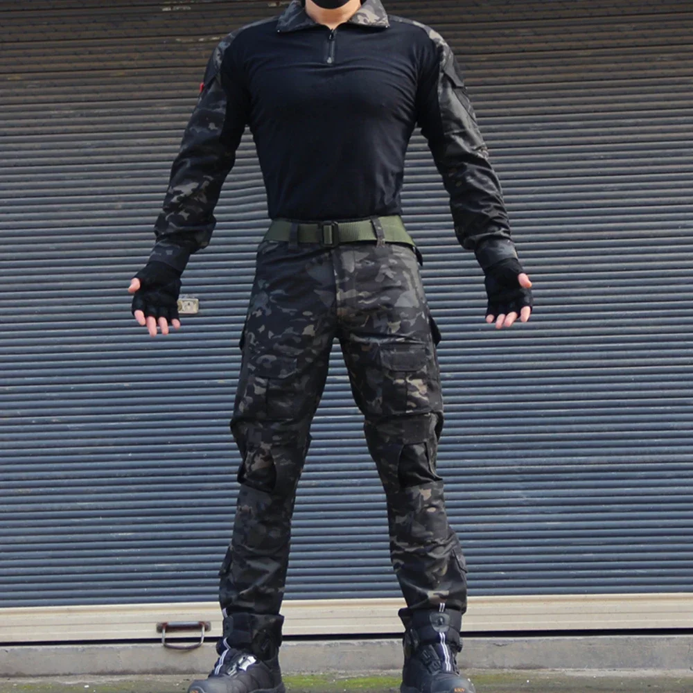 Men's Tactical Combat Uniform Set Black Military Frog Suit Long Sleeve Shirt Cargo Pants for Airsoft Hunting Training