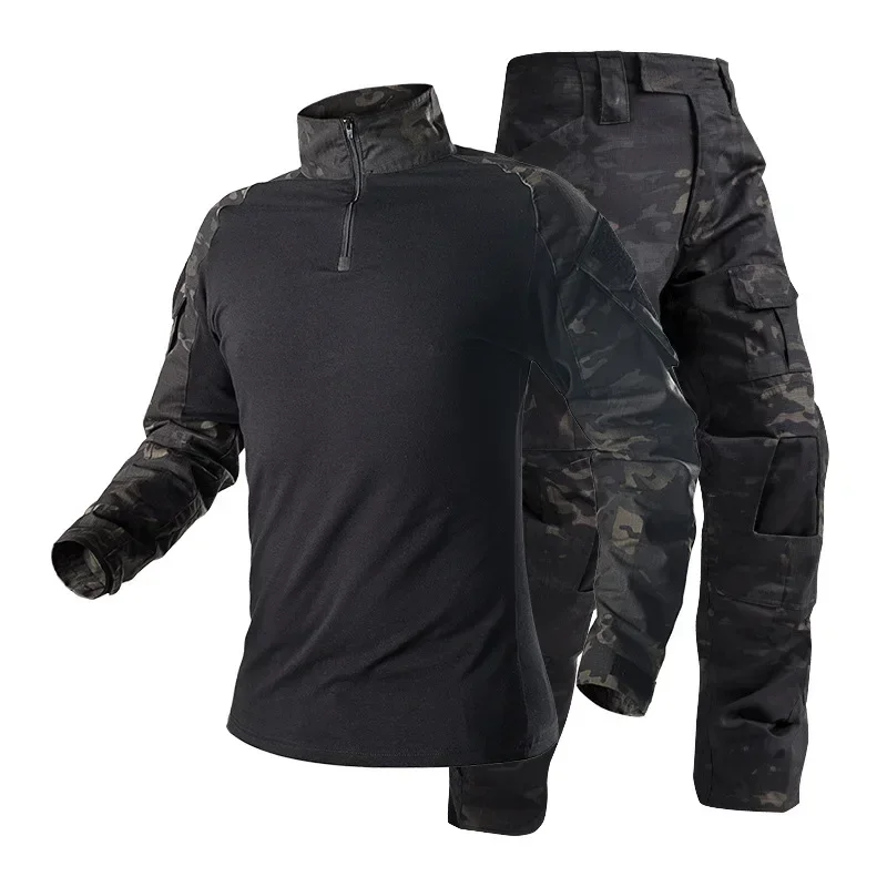Men's Tactical Combat Uniform Set Black Military Frog Suit Long Sleeve Shirt Cargo Pants for Airsoft Hunting Training