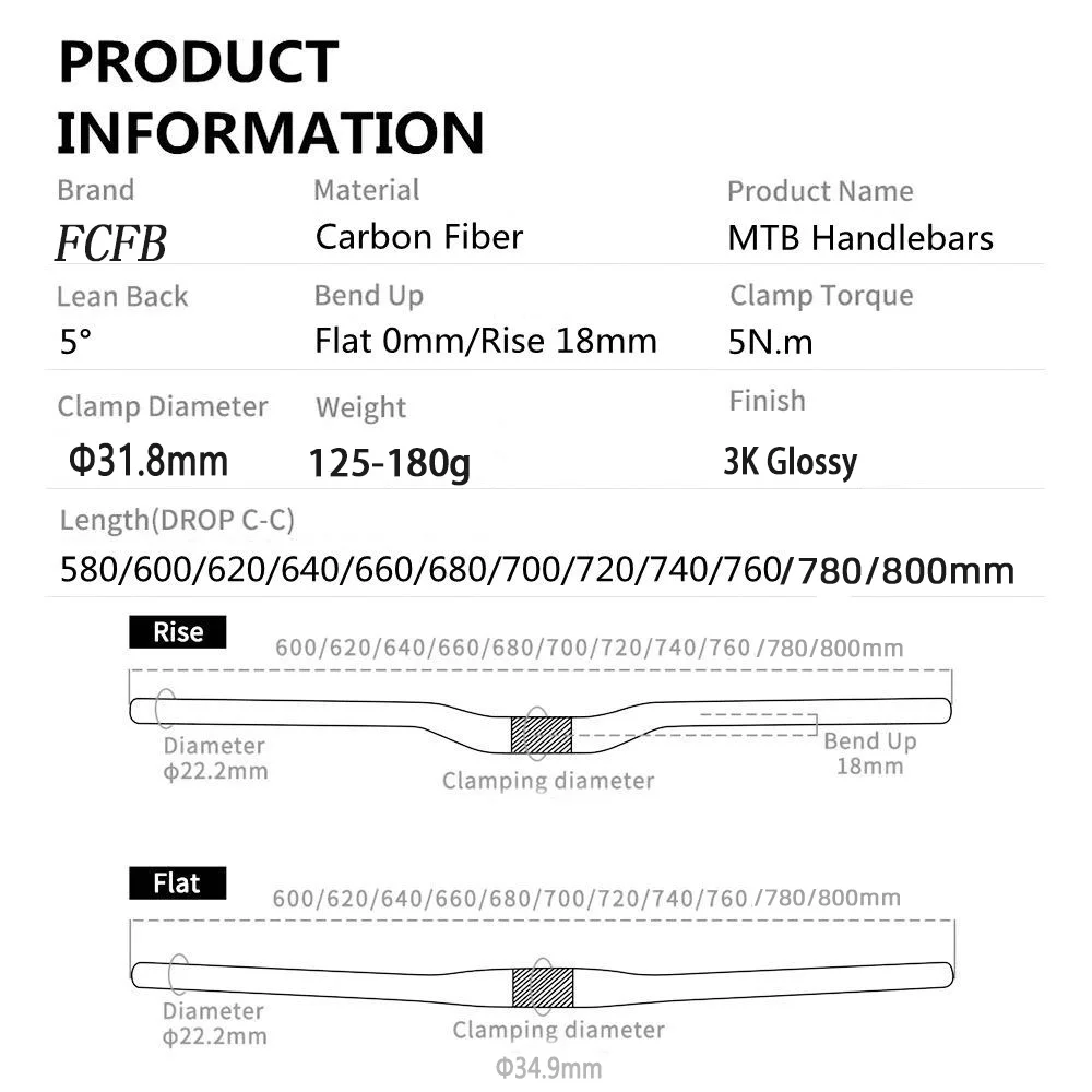Mtb Carbon Handlebar Bicycle FCFB red Carbon Handlebar 31.8*580-720/740/780mm glossy Black Handlebars Mountain Bike Accessories