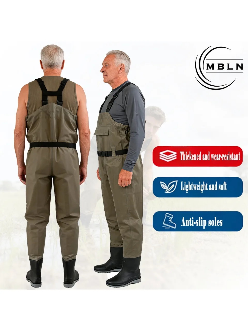 MBLN PVC Fishing Waders with Boots, 170T Nylon/Taslan Waterproof Waders, 15000mm Water Pressure, Anti-Slip PVC Boots