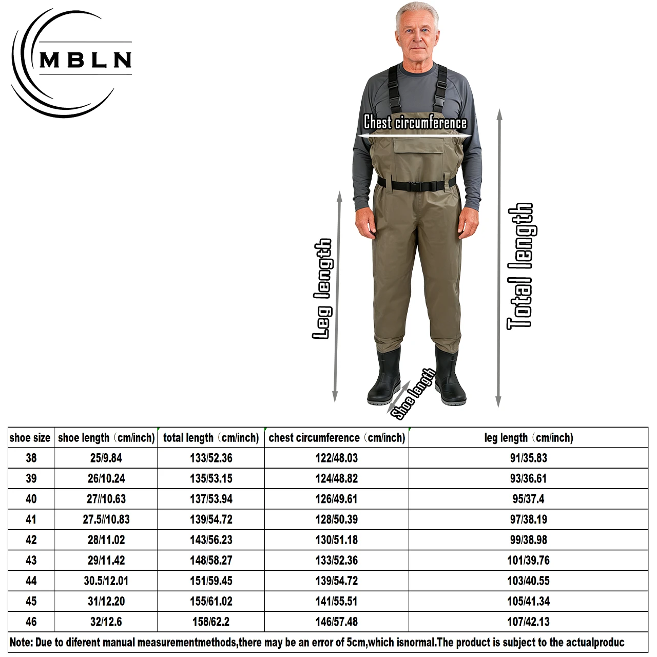 MBLN PVC Fishing Waders with Boots, 170T Nylon/Taslan Waterproof Waders, 15000mm Water Pressure, Anti-Slip PVC Boots