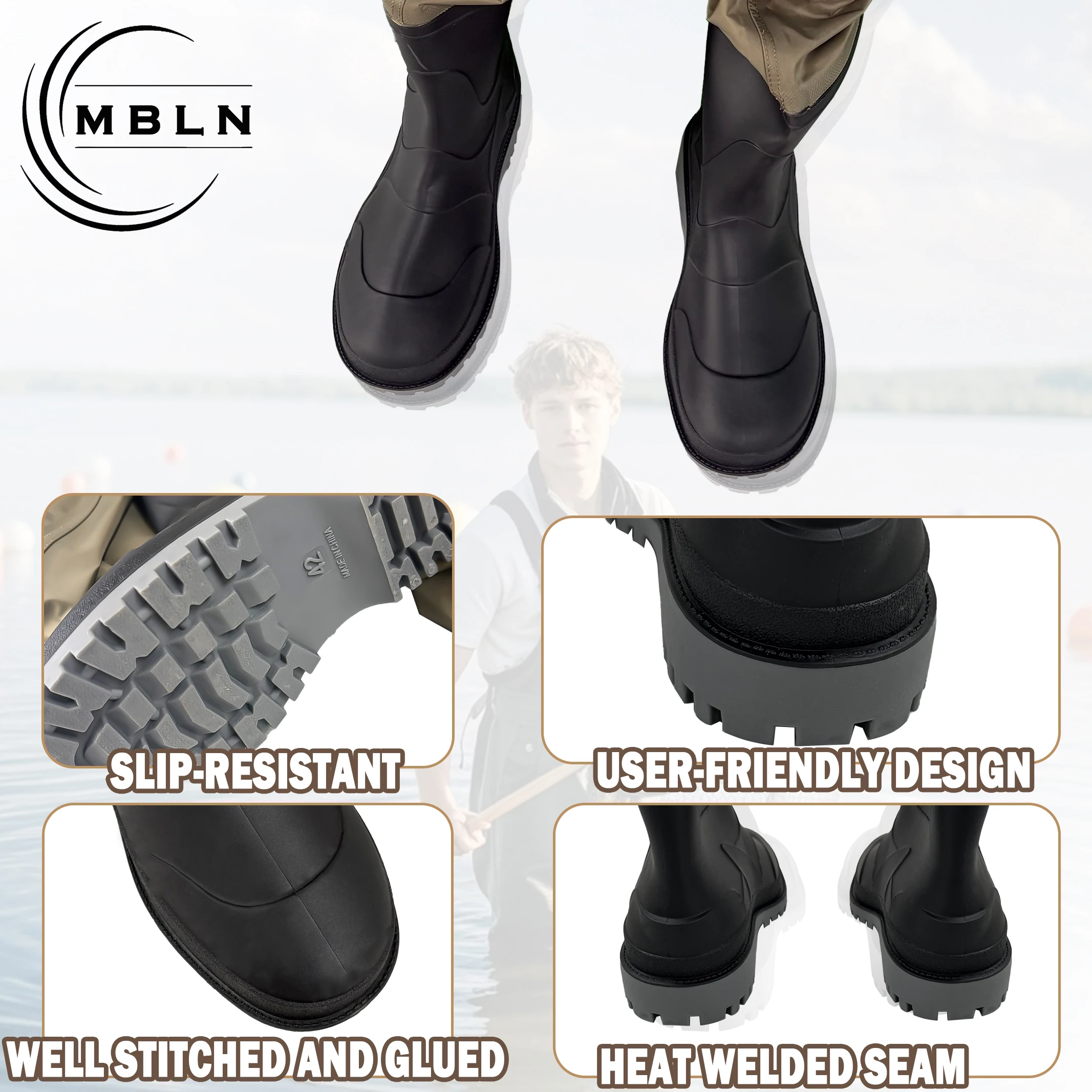MBLN PVC Fishing Waders with Boots, 170T Nylon/Taslan Waterproof Waders, 15000mm Water Pressure, Anti-Slip PVC Boots