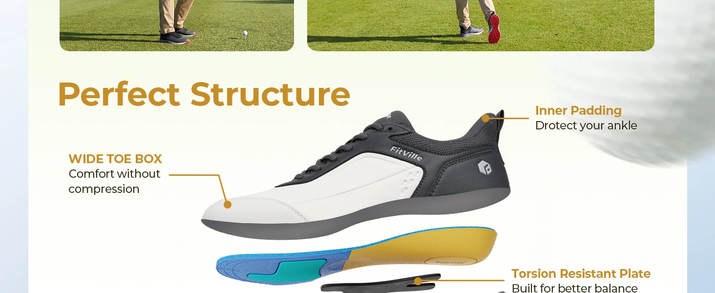 FitVille Wide Men's Golf Shoes Waterproof Athletic Causal Sneaker Professional No-Slip Spikeless Golf Shoes for Men Arch Support