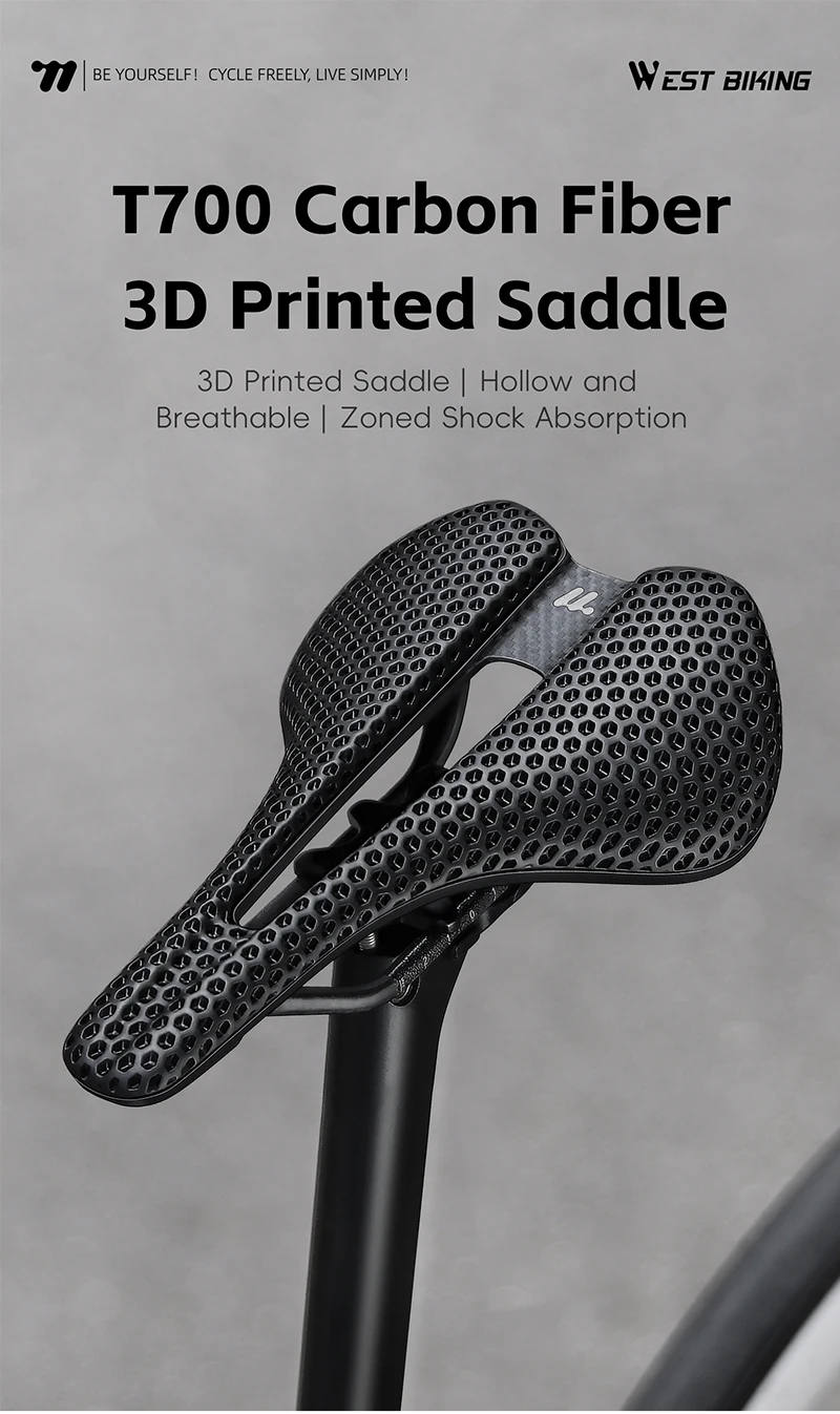 WEST BIKING 3D Printed Bike Saddle T700 Carbon Fiber Titanium Alloy Cr-Mo Seat Bow Comfort Cushion for Road Bike 145/150mm