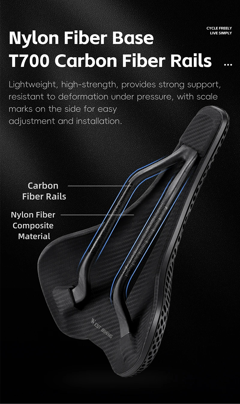 WEST BIKING 3D Printed Bike Saddle T700 Carbon Fiber Titanium Alloy Cr-Mo Seat Bow Comfort Cushion for Road Bike 145/150mm