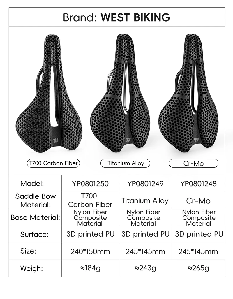 WEST BIKING 3D Printed Bike Saddle T700 Carbon Fiber Titanium Alloy Cr-Mo Seat Bow Comfort Cushion for Road Bike 145/150mm