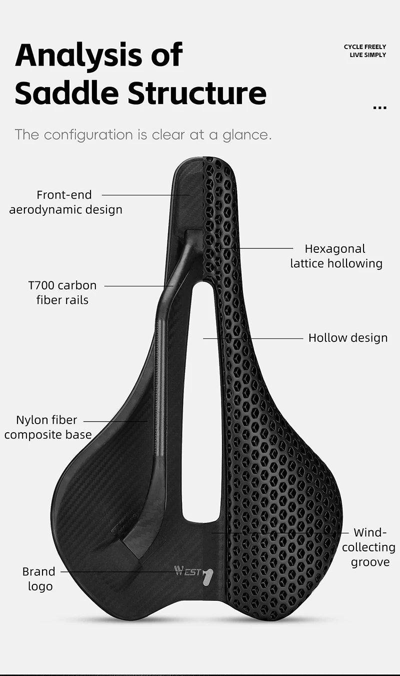 WEST BIKING 3D Printed Bike Saddle T700 Carbon Fiber Titanium Alloy Cr-Mo Seat Bow Comfort Cushion for Road Bike 145/150mm