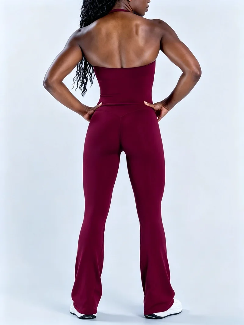 HISTELLO 2 Piece Gym Set Women Seamless Flare Leggings Sports Yoga Halter Neck Top Suit Backless Workout Fitness Sportswear Set