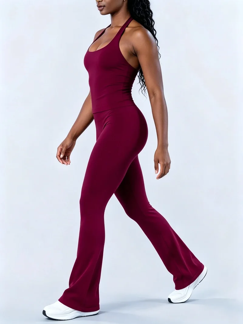 HISTELLO 2 Piece Gym Set Women Seamless Flare Leggings Sports Yoga Halter Neck Top Suit Backless Workout Fitness Sportswear Set