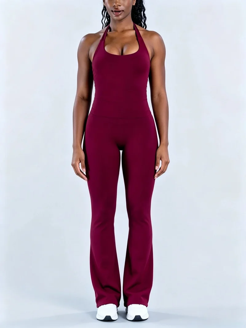 HISTELLO 2 Piece Gym Set Women Seamless Flare Leggings Sports Yoga Halter Neck Top Suit Backless Workout Fitness Sportswear Set