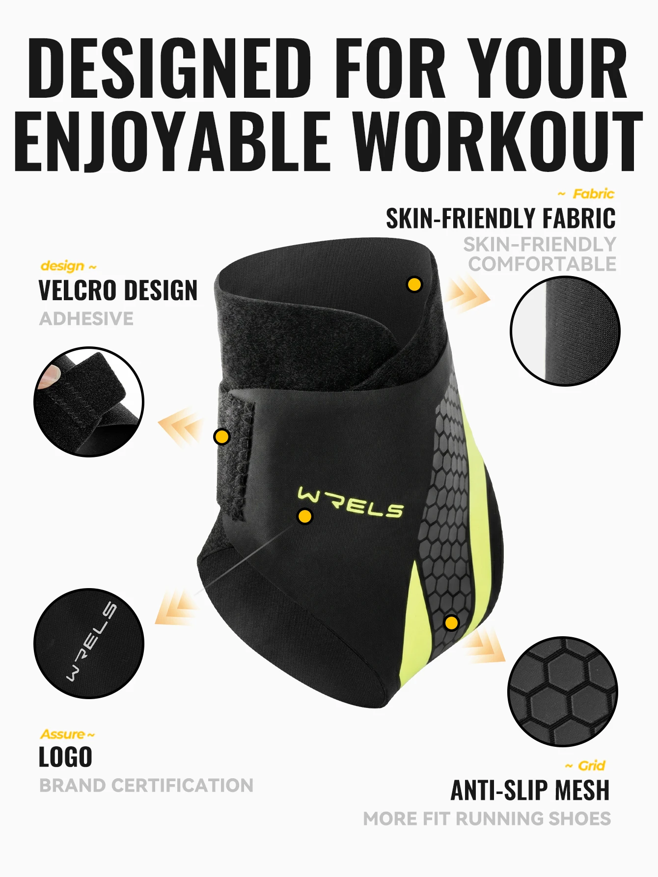 WRELS Ankle Brace Compression Sleeve Slim Fit Breathable Adjustable Basketball Running Football Gym Athletic Sport Ankle Support