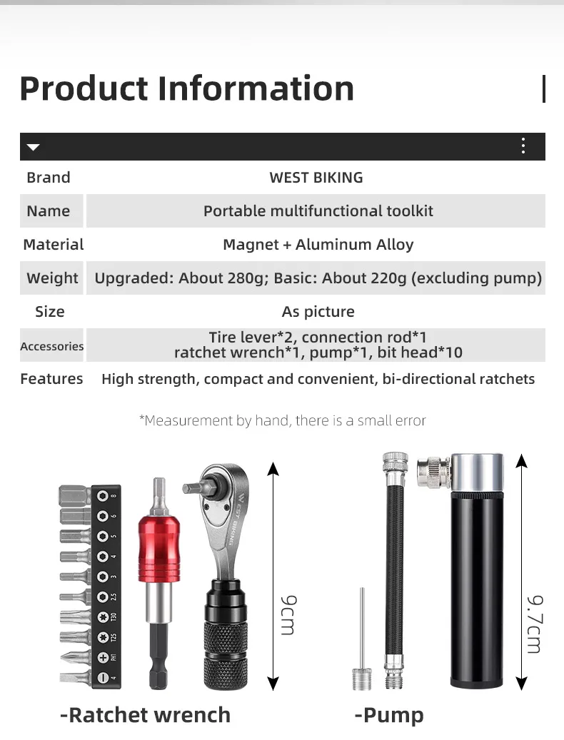 WEST BIKING Bike Reapair Tools Sets Professional Cycling Reapair Tools Ratchet Wrench Set Tire Lever Bike Pump Toolkit