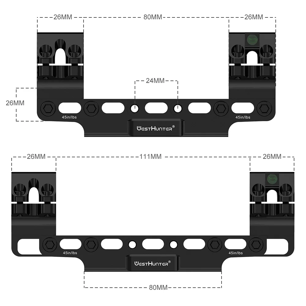 WestHunter 100 MOA Compensation Dovetail 11mm Scope Mounts 30mm 34mm Tube Adjustable Length and Angle Sight Rings Bubble Level