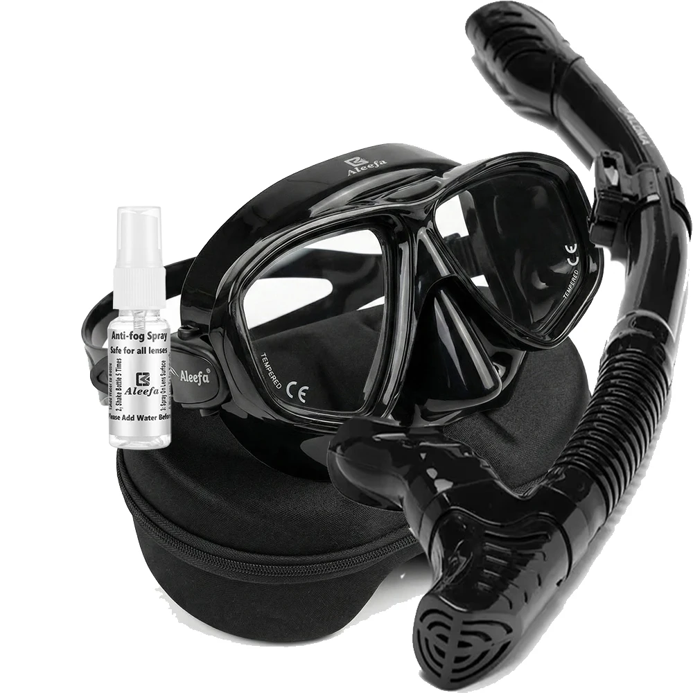 Adult Scuba Diving Mask Snorkel Set, Tempered Lens Dive with Antifog Spray, Swimming Glasses, Elastic Band, Gift Box
