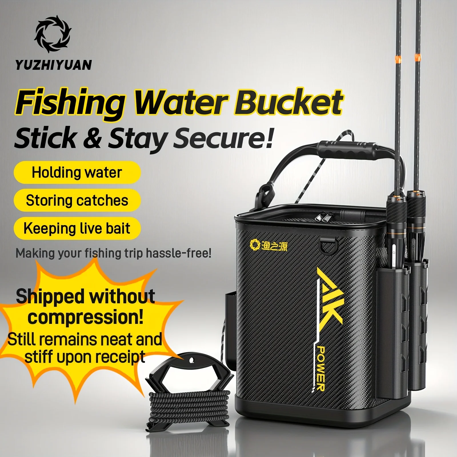 Fishing Rod Holder Bucket, EVA Portable Thickened Live Fish/Bait Bucket with Mesh Lid & Lanyard, Outdoor Camping Angling Gear
