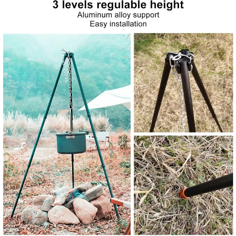 Camping Tripod for Cooking, Portable Adjustable Outdoor Cooking Campfire Tripod Grill with Hanging Chain, Suitable for Cook Camp