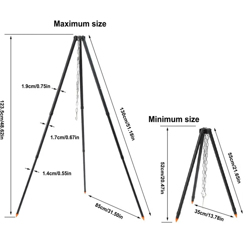 Camping Tripod for Cooking, Portable Adjustable Outdoor Cooking Campfire Tripod Grill with Hanging Chain, Suitable for Cook Camp