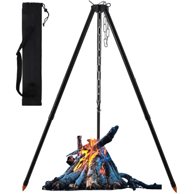 Camping Tripod for Cooking, Portable Adjustable Outdoor Cooking Campfire Tripod Grill with Hanging Chain, Suitable for Cook Camp