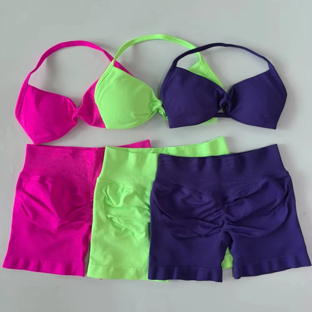 yoga Womens 2 Piece Yoga Set Strappy Seamless Sports Bra and High Waist Scrunch Shorts for Gym Workout and Fitness Training
