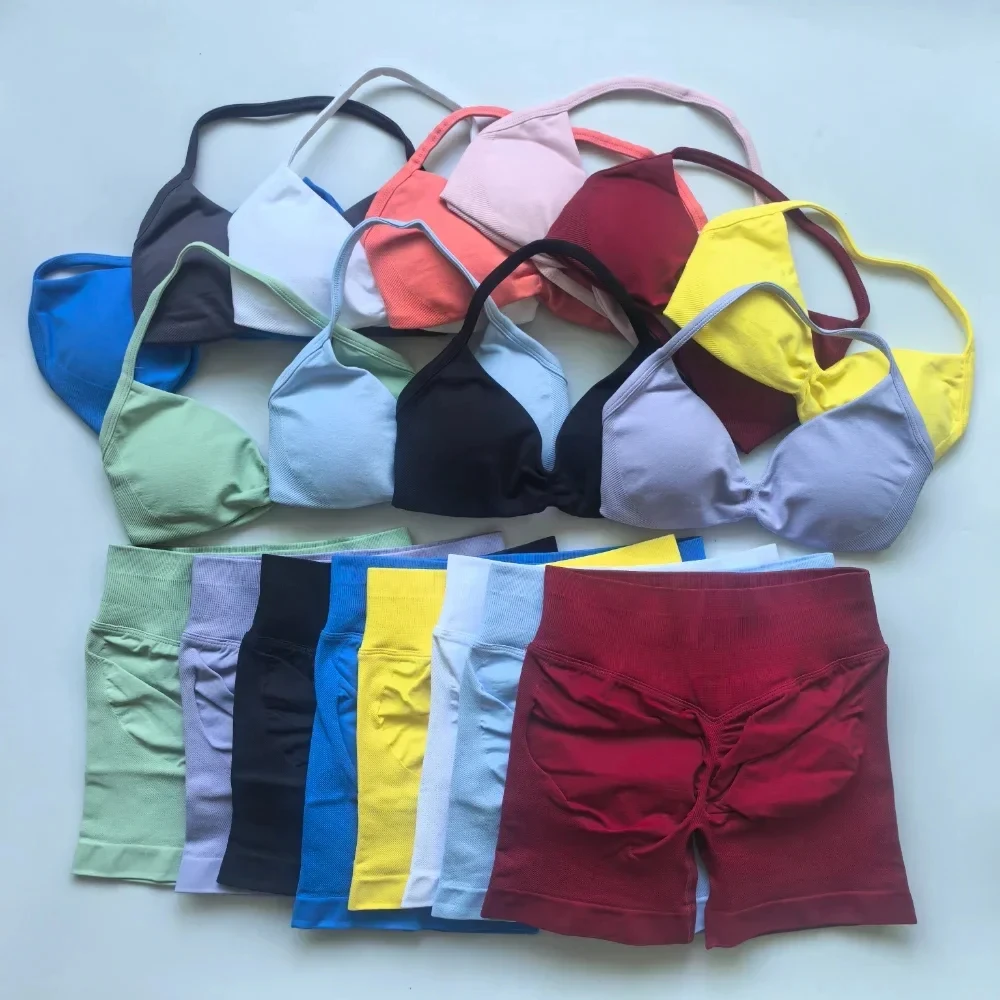 yoga Womens 2 Piece Yoga Set Strappy Seamless Sports Bra and High Waist Scrunch Shorts for Gym Workout and Fitness Training