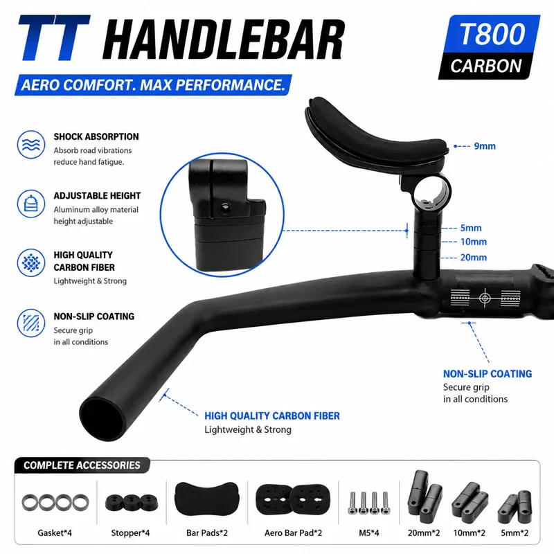No Logo Aero Carbon Fiber Triathlon Bicycle Handlebar TT Bar HB095 15-Degree Angle Suitable for Left Or Right Arm Use