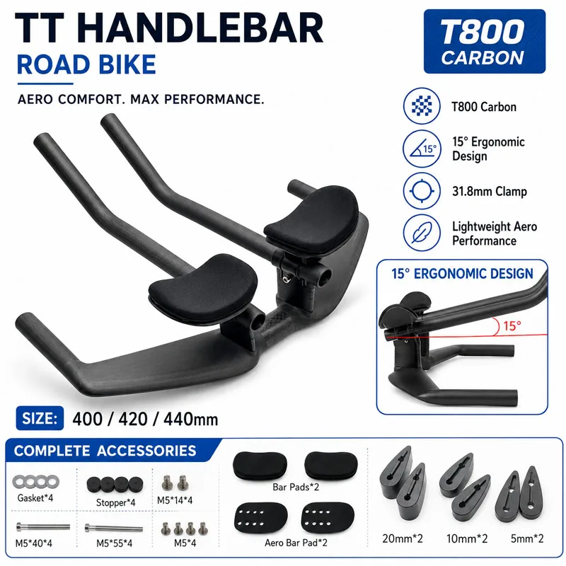 No Logo Aero Carbon Fiber Triathlon Bicycle Handlebar TT Bar HB095 15-Degree Angle Suitable for Left Or Right Arm Use