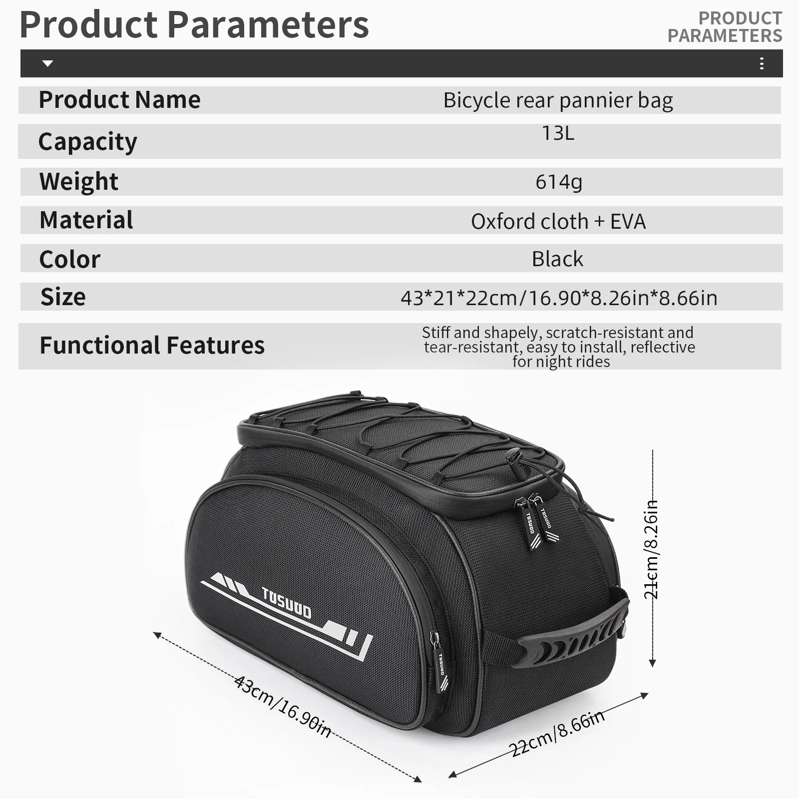 TOSUOD Bicycle Rear Pannier Bag Outdoor Waterproof Bicycle Bag 13L Large Capacity Mountain Bike Bag Bike Accessories