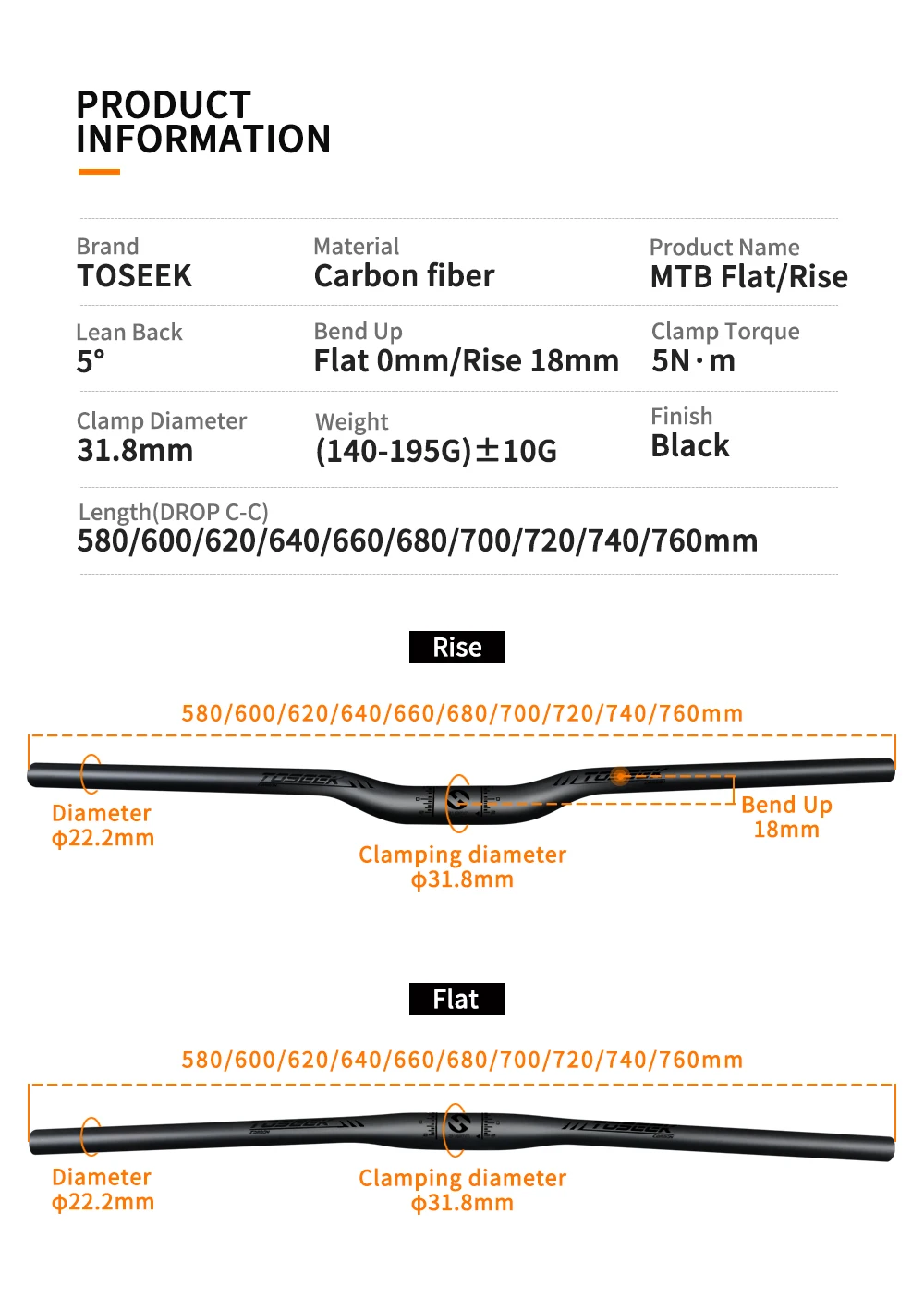 TOSEEK Mtb Carbon Handlebar Bicycle Handlebar 31.8*580-720/740/760mm Matt Black Handlebars For Mountain Bike Accessories