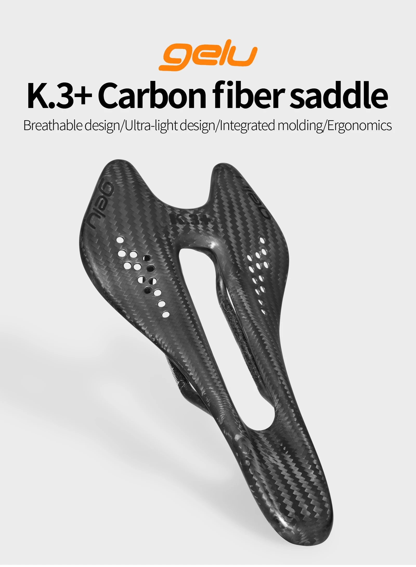 Gelu 55g Ultra-light Full Carbon Fiber Bicycle Saddle - Hollow, Breathable, Ergonomic for MTB & Highway Bikes